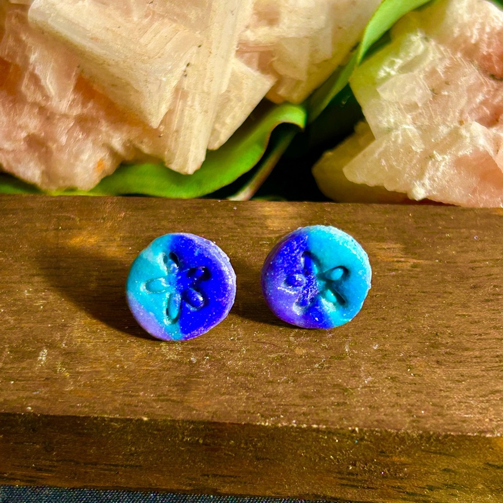 Blue and Purple Marbled Sand Dollar Button Earrings